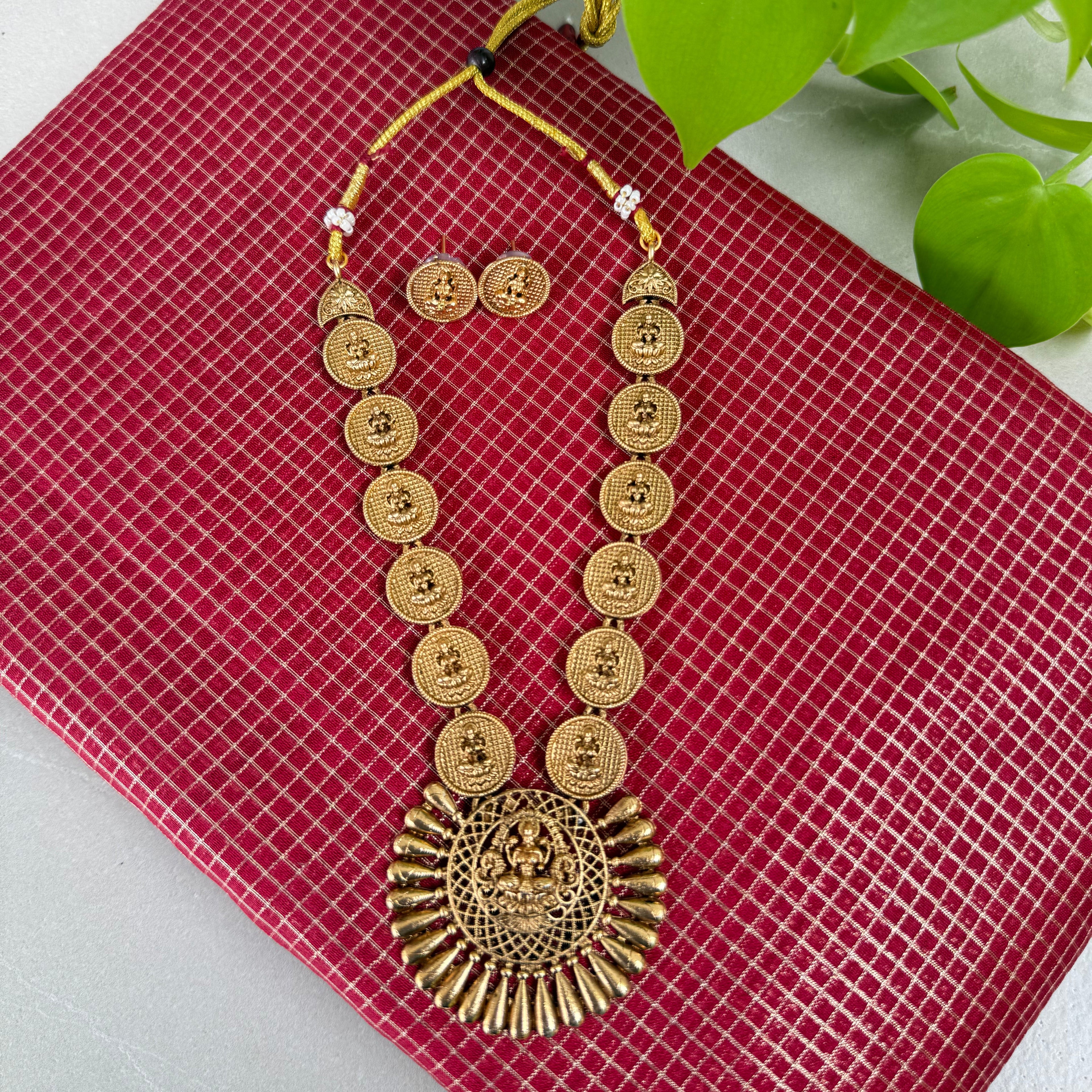 Gold-Toned Lakshmi Coin Temple Haram Necklace