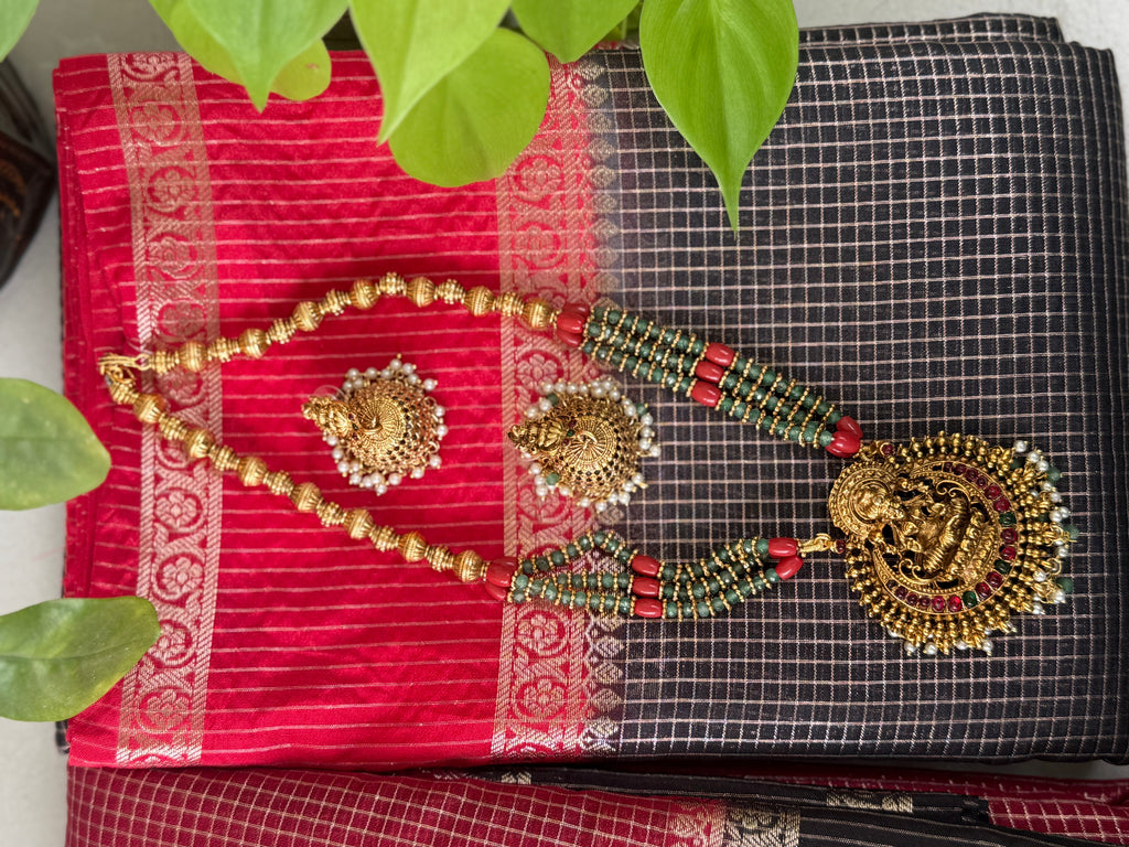 Gold Plated Temple Lakshmi Pendant Necklace Set with Jhumka Earrings