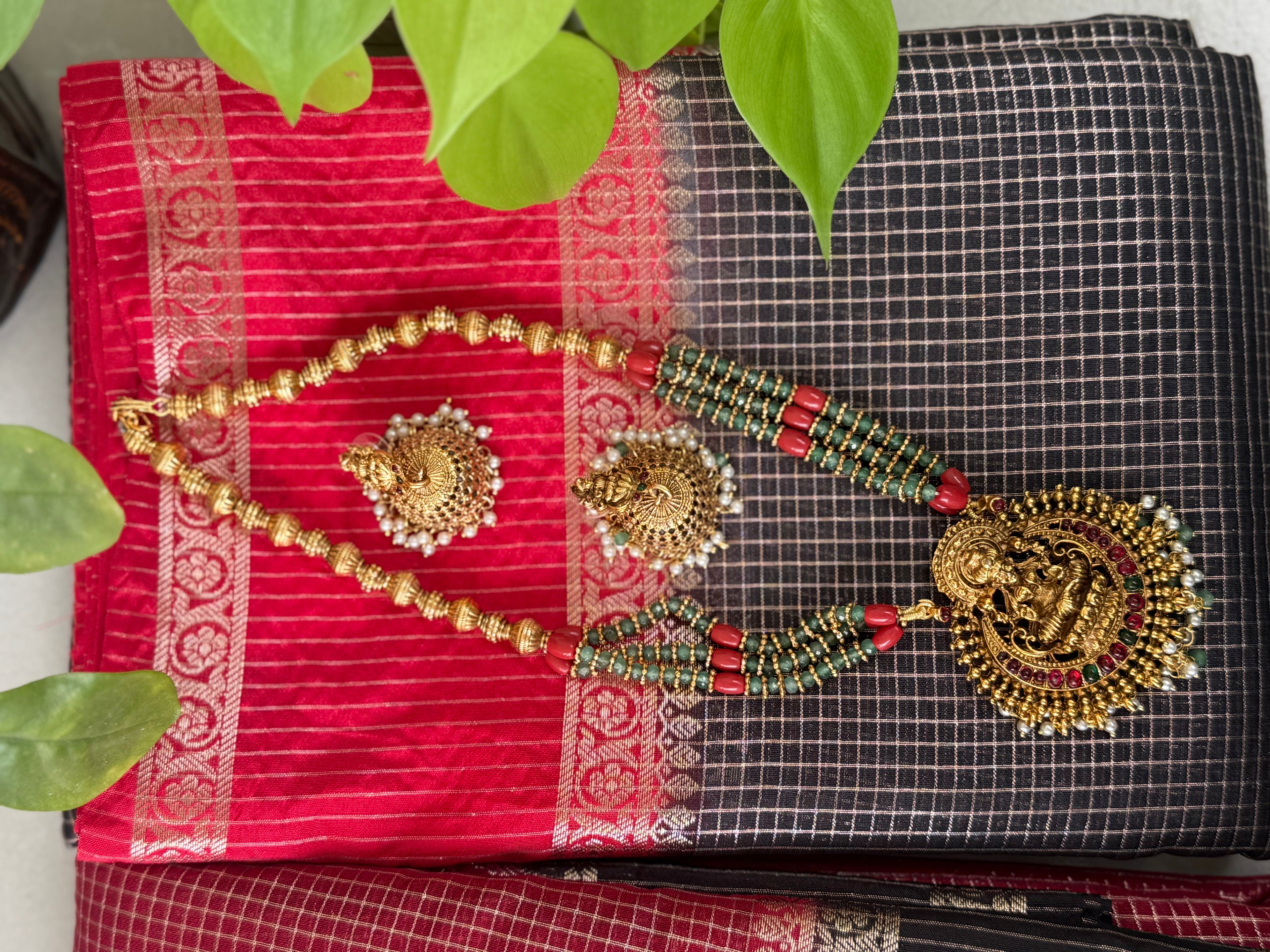 Gold Plated Temple Lakshmi Pendant Necklace Set with Jhumka Earrings