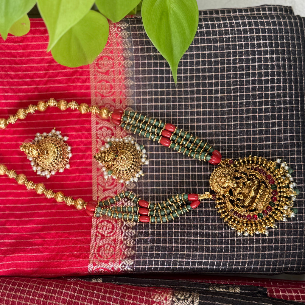 Gold Plated Temple Lakshmi Pendant Necklace Set with Jhumka Earrings