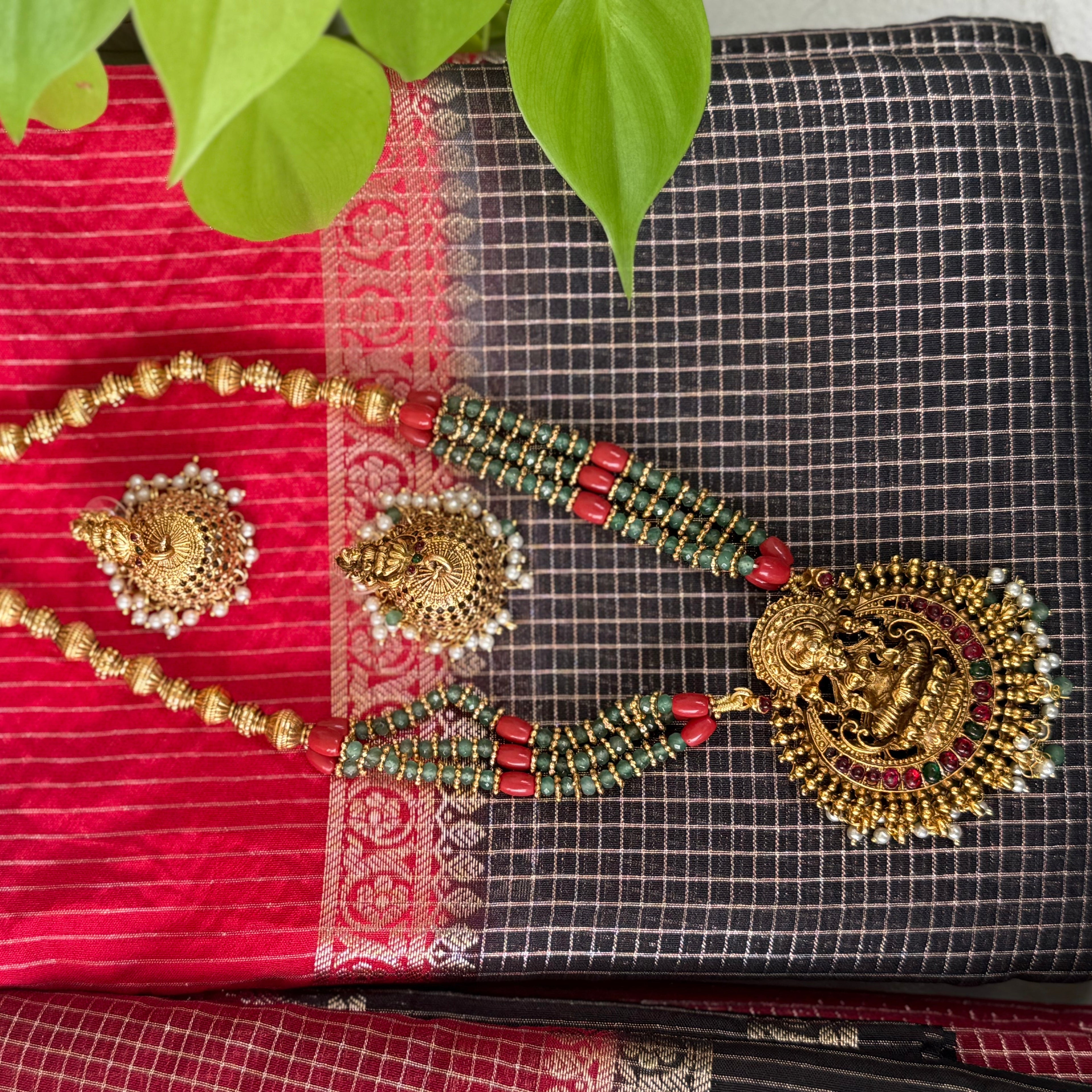Gold Plated Temple Lakshmi Pendant Necklace Set with Jhumka Earrings