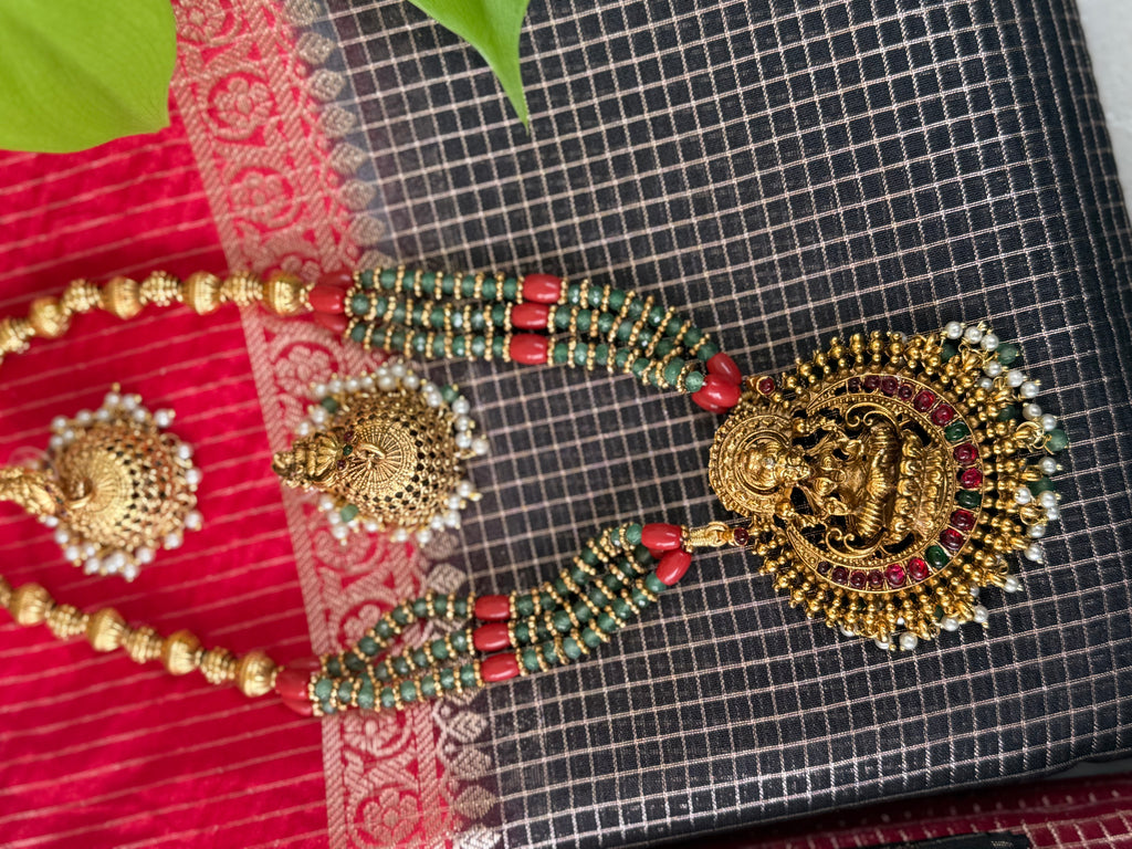 Gold Plated Temple Lakshmi Pendant Necklace Set with Jhumka Earrings