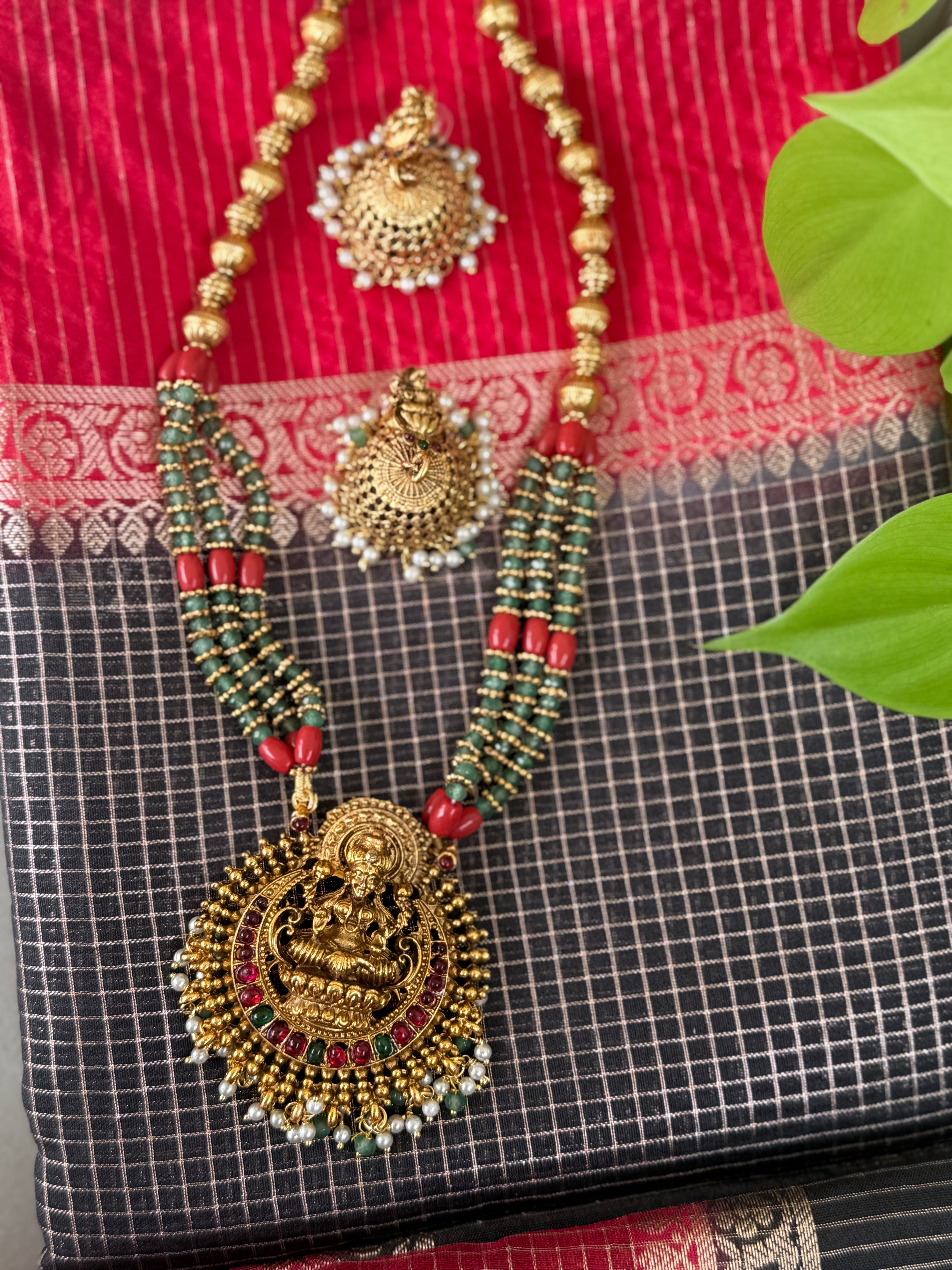 Gold Plated Temple Lakshmi Pendant Necklace Set with Jhumka Earrings