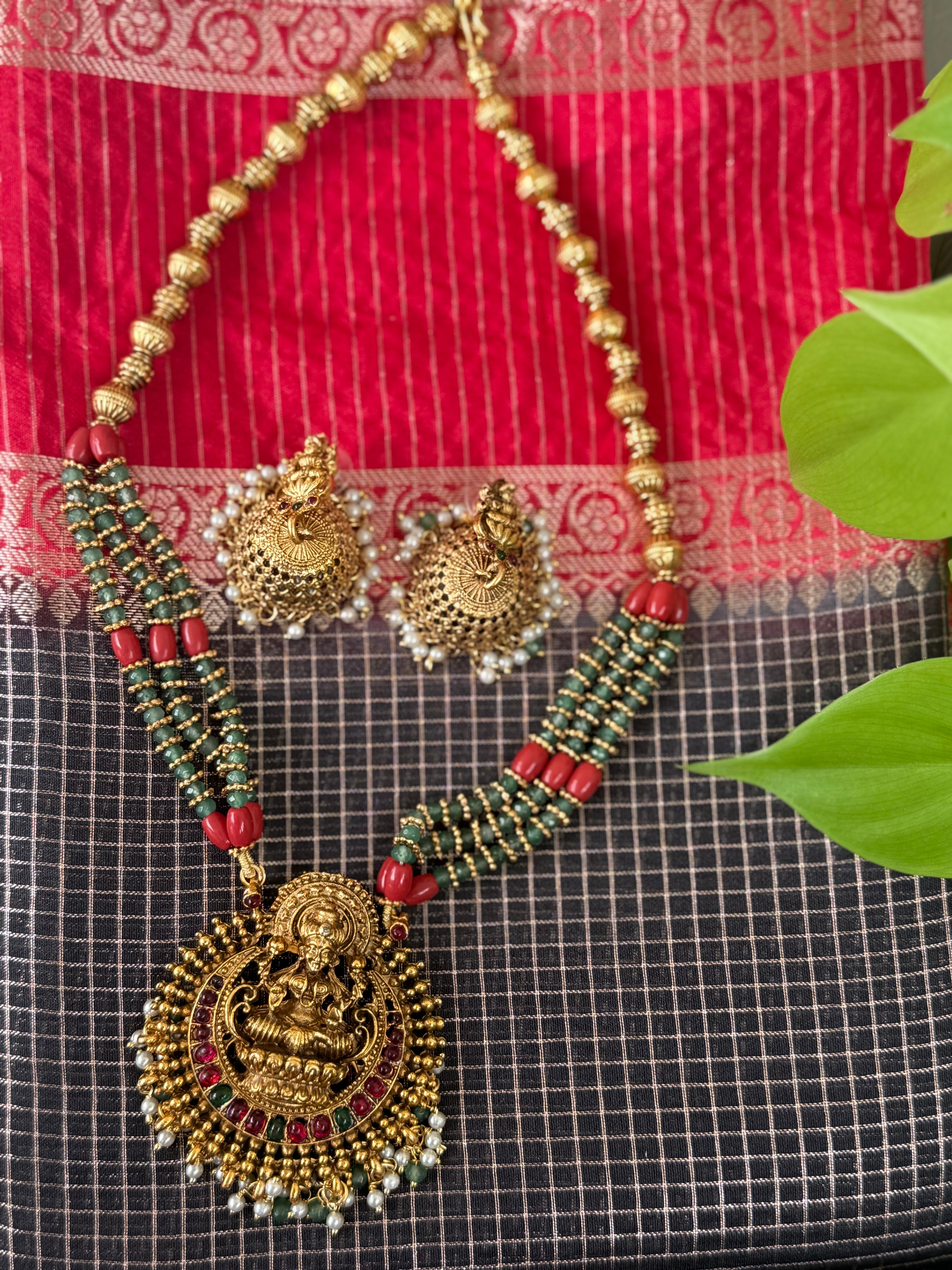 Gold Plated Temple Lakshmi Pendant Necklace Set with Jhumka Earrings