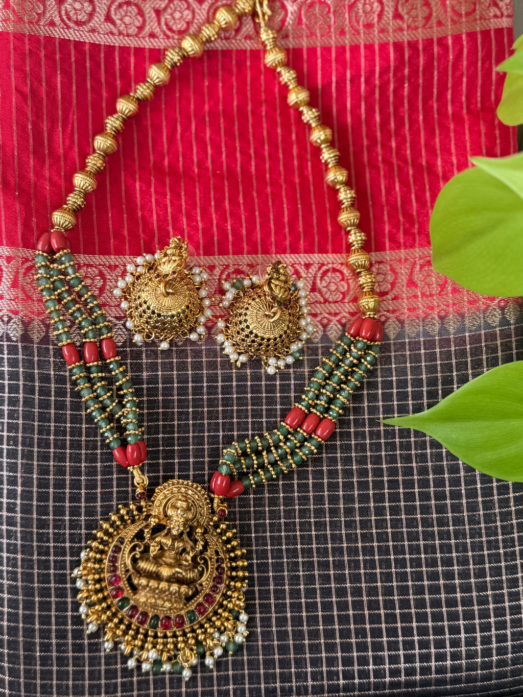 Gold Plated Temple Lakshmi Pendant Necklace Set with Jhumka Earrings